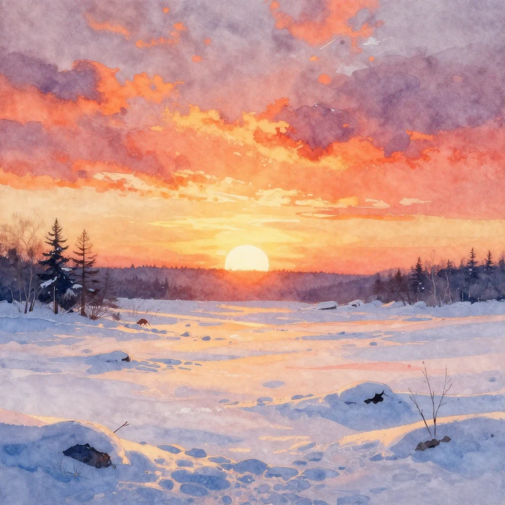 A vibrant watercolor painting of a winter sunrise over a sno...