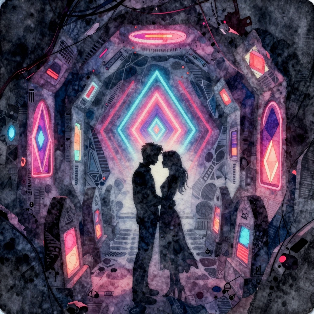 Watercolor style. Dark underground catacombs with glowing ne...