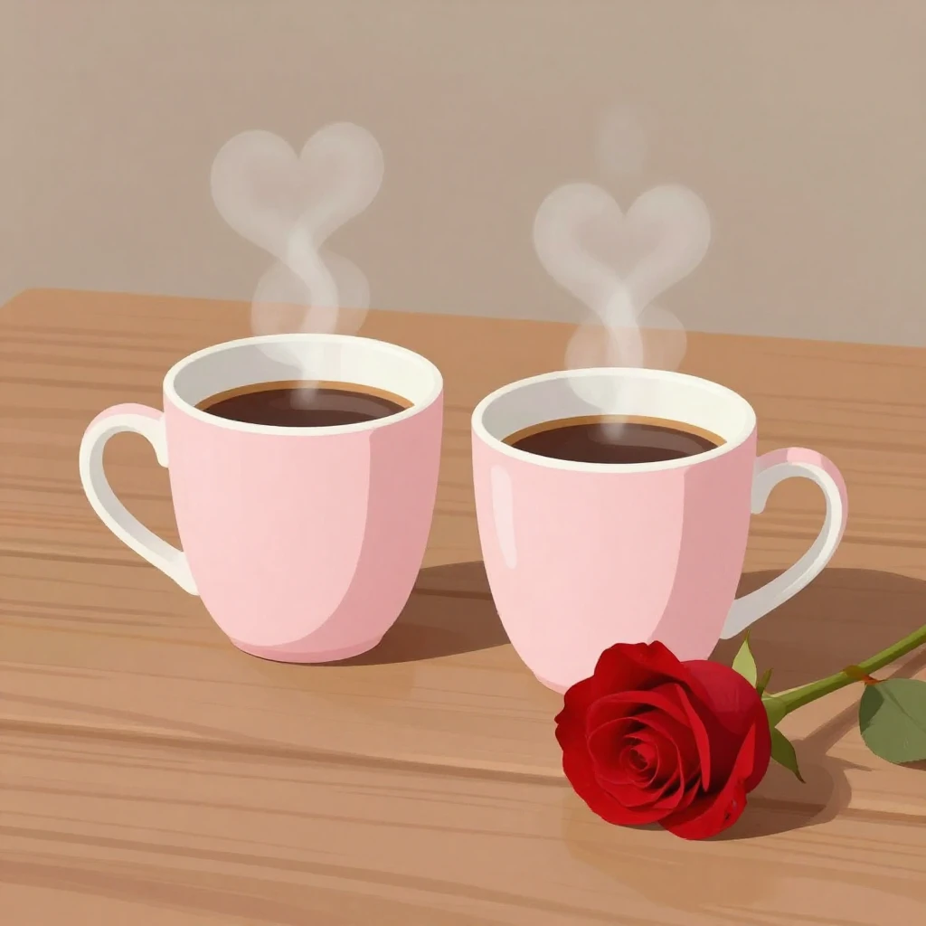 An artistic illustration of two coffee mugs on a wooden tabl...