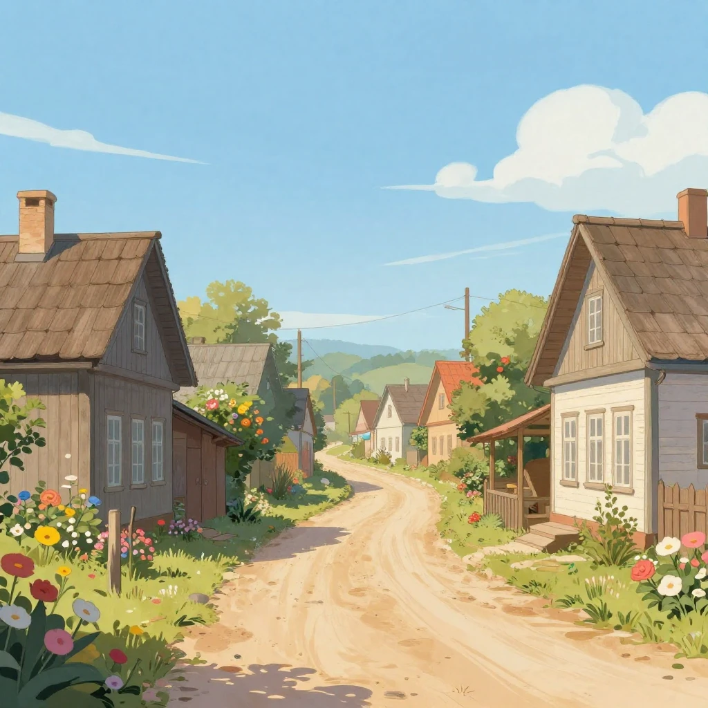 A stylized illustration of a peaceful rural village street, ...