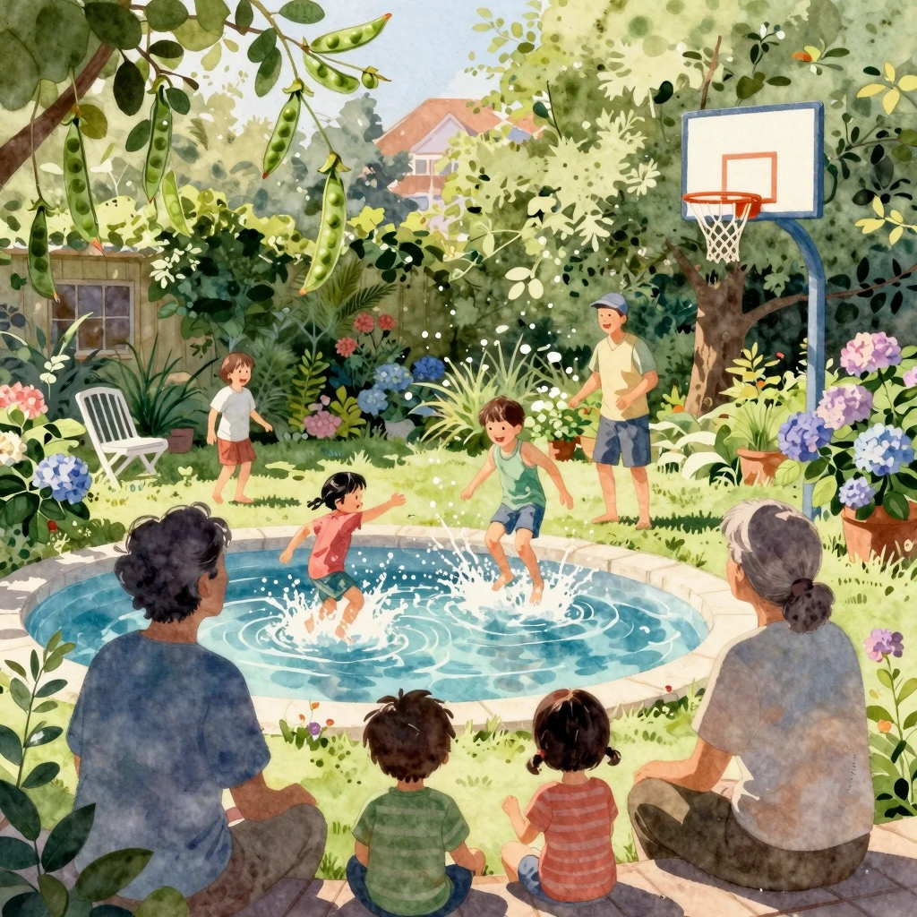 A vibrant watercolor scene of a sun-drenched dacha garden. G...
