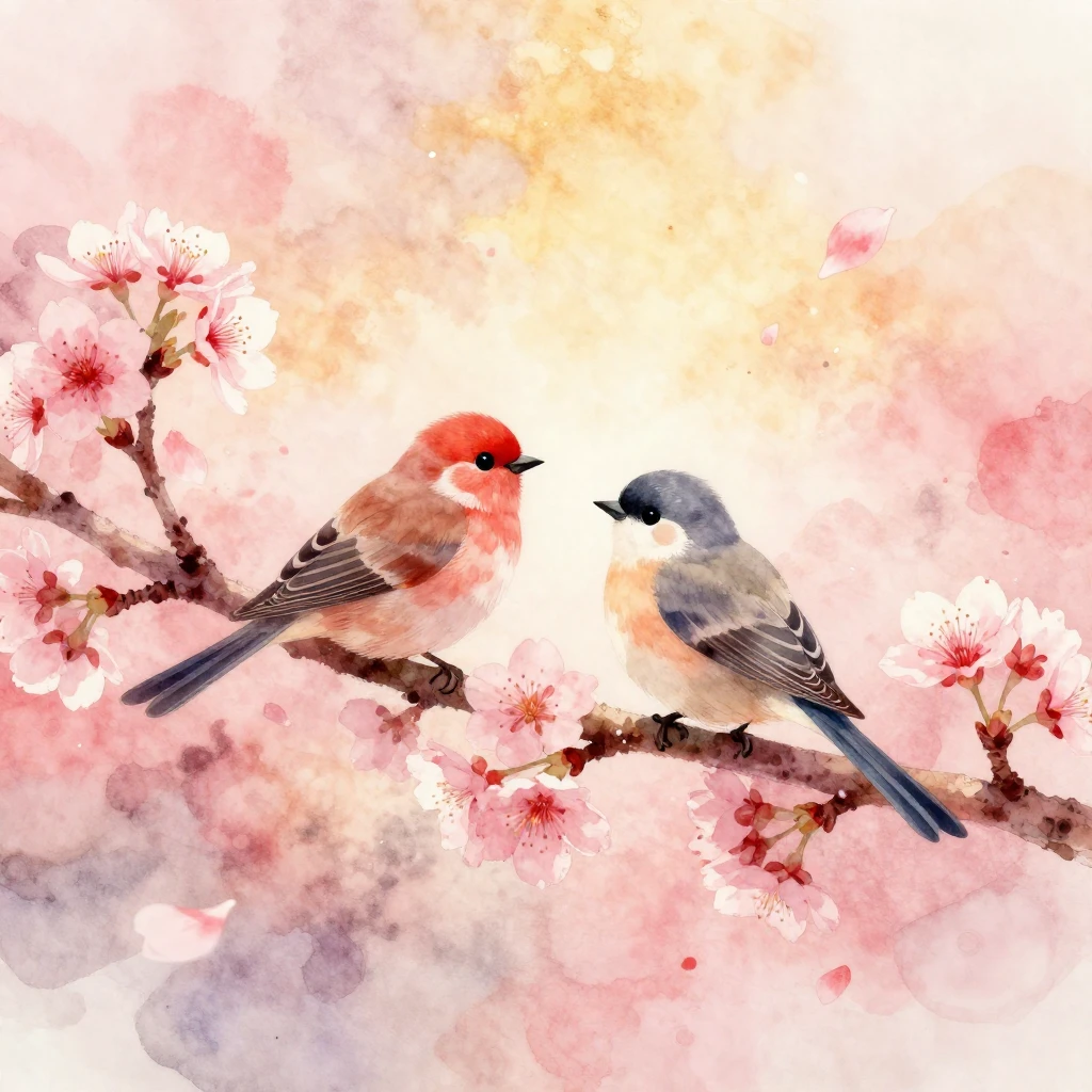 A soft watercolor painting of two stylized birds sitting on ...