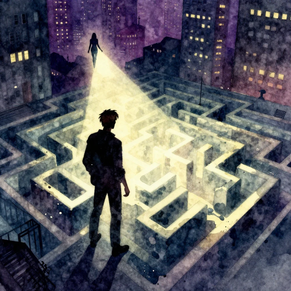 A dark, gritty urban fantasy scene with a male silhouette na...