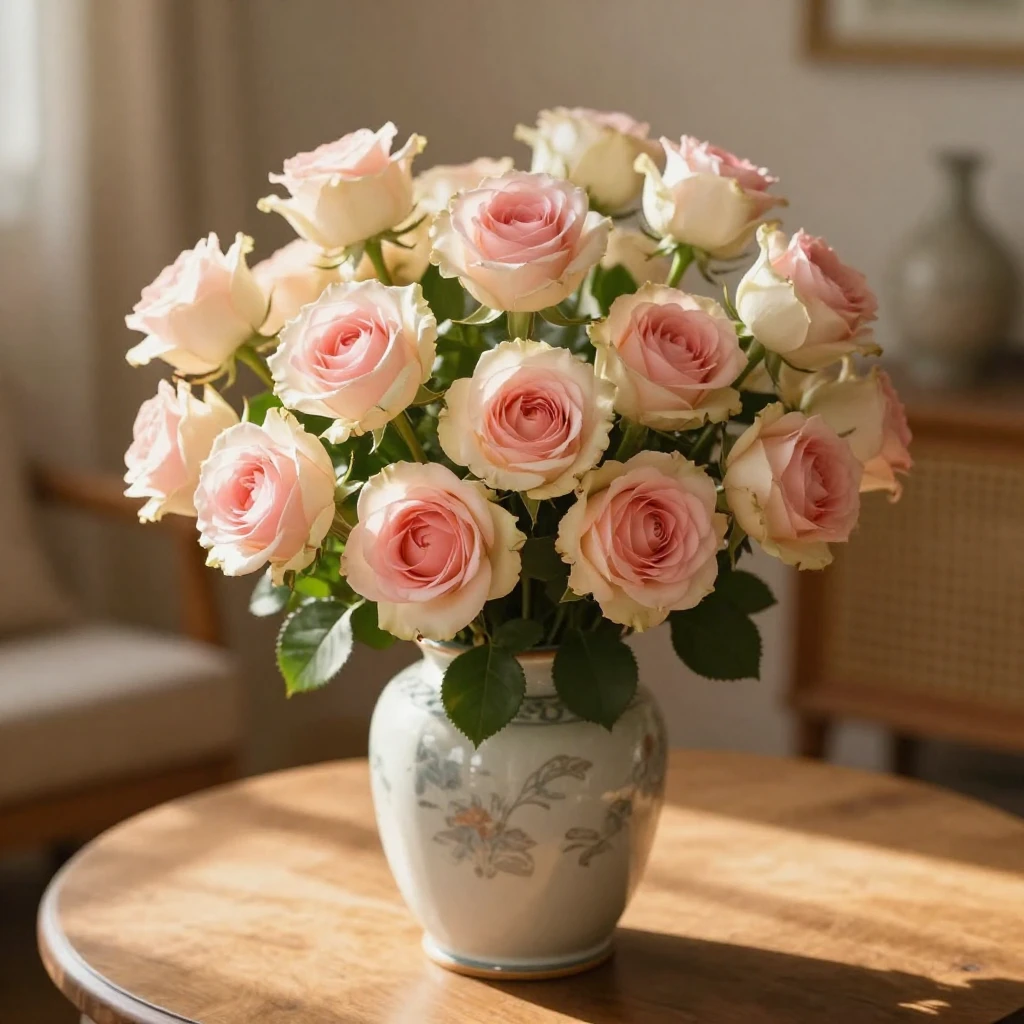 A lush bouquet of fifty pastel pink and cream roses in a vin...