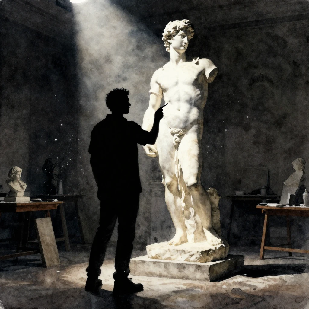Watercolor style. Silhouette of a sculptor standing before a...