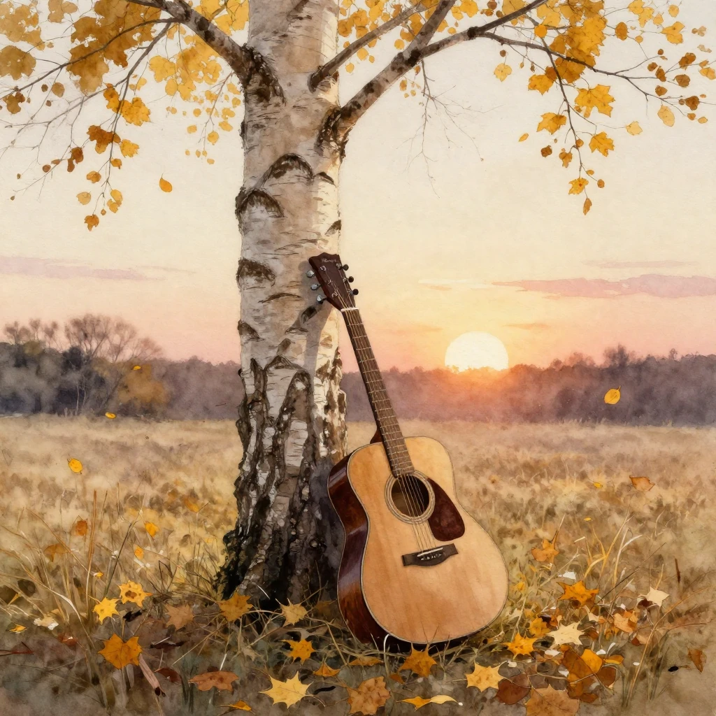 Watercolor painting of a lonely acoustic guitar leaning agai...