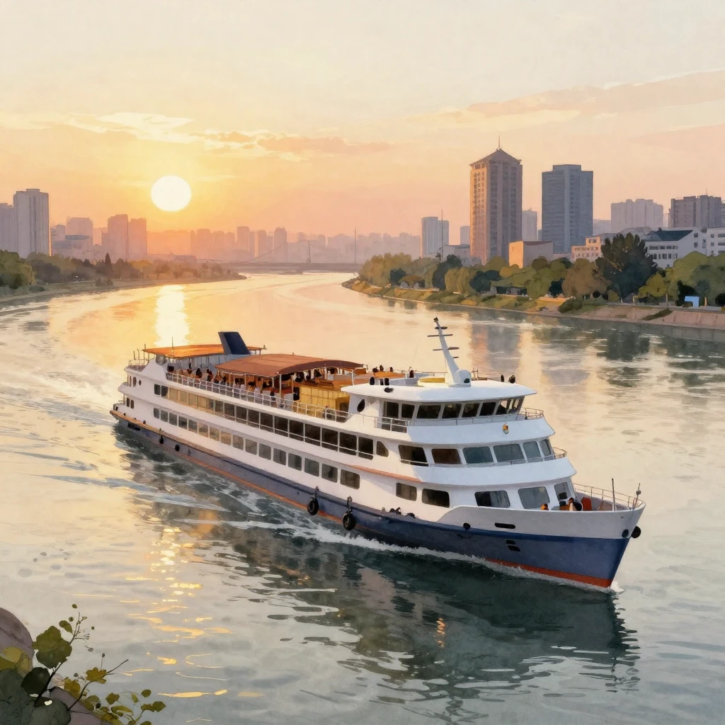 A vibrant watercolor illustration of a sleek, modern riverbo...