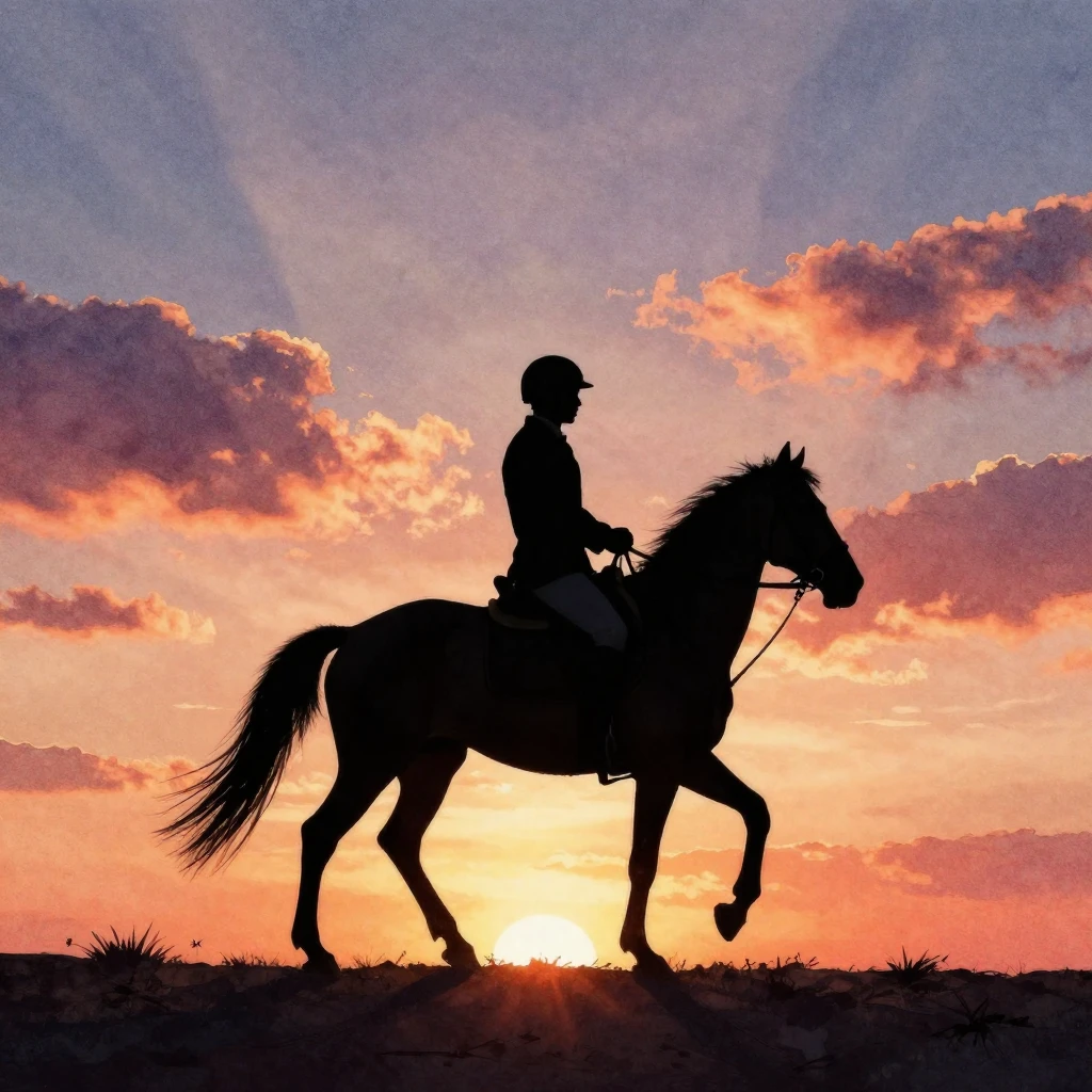 A powerful silhouette of a lone horseman on horseback, posit...