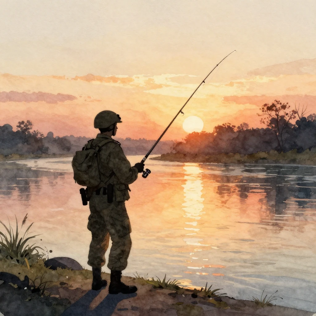 Watercolor silhouette of a soldier with a fishing rod by a r...