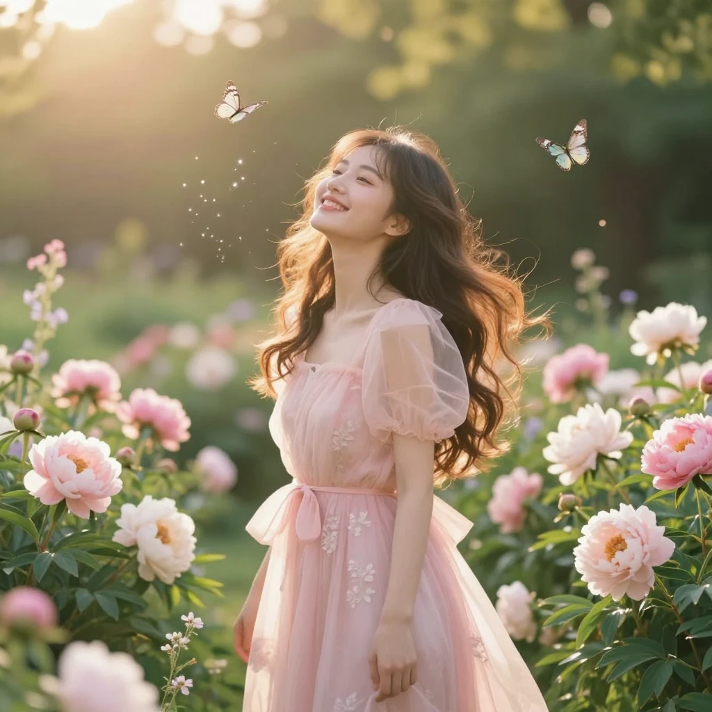 A beautiful young woman with a joyful expression, standing i...