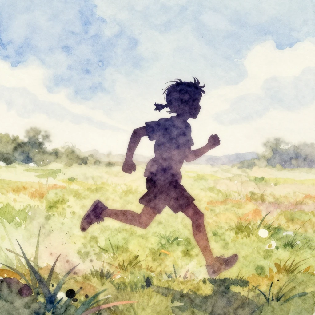Vibrant watercolor painting of a child's silhouette running ...