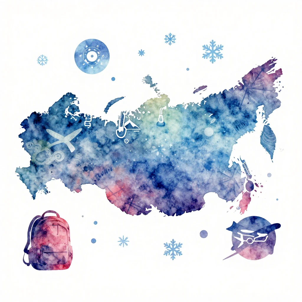 Watercolor style, stylized map of Russia with abstract trave...