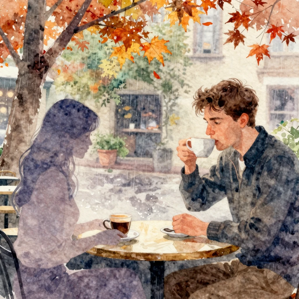 Vibrant watercolor style. A cozy, half-empty cafe, autumn ra...