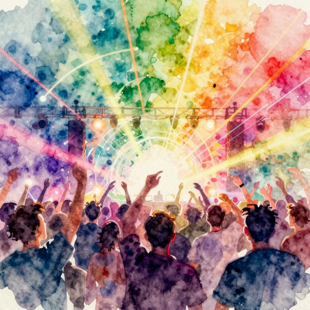 Vibrant watercolor style. Abstract EDM spring scene with dyn...