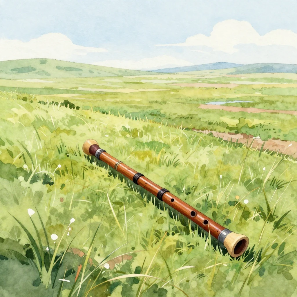 A lone kurai flute resting on a grassy hill in a vast steppe...