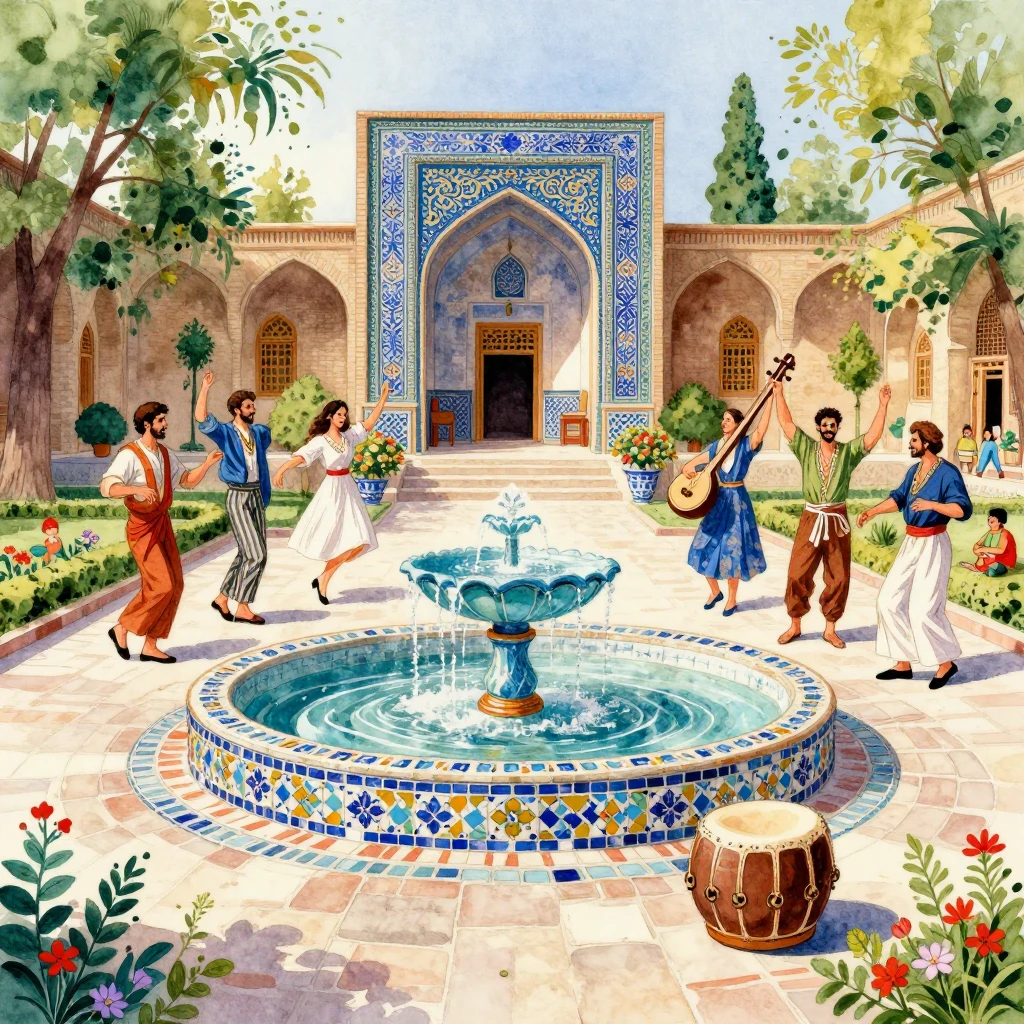 A watercolor painting of a traditional Persian garden with a...