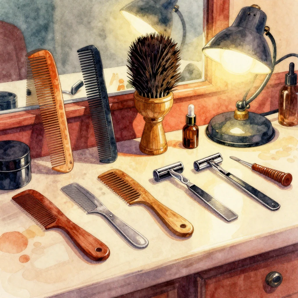 Close-up of various vintage grooming tools like classic comb...