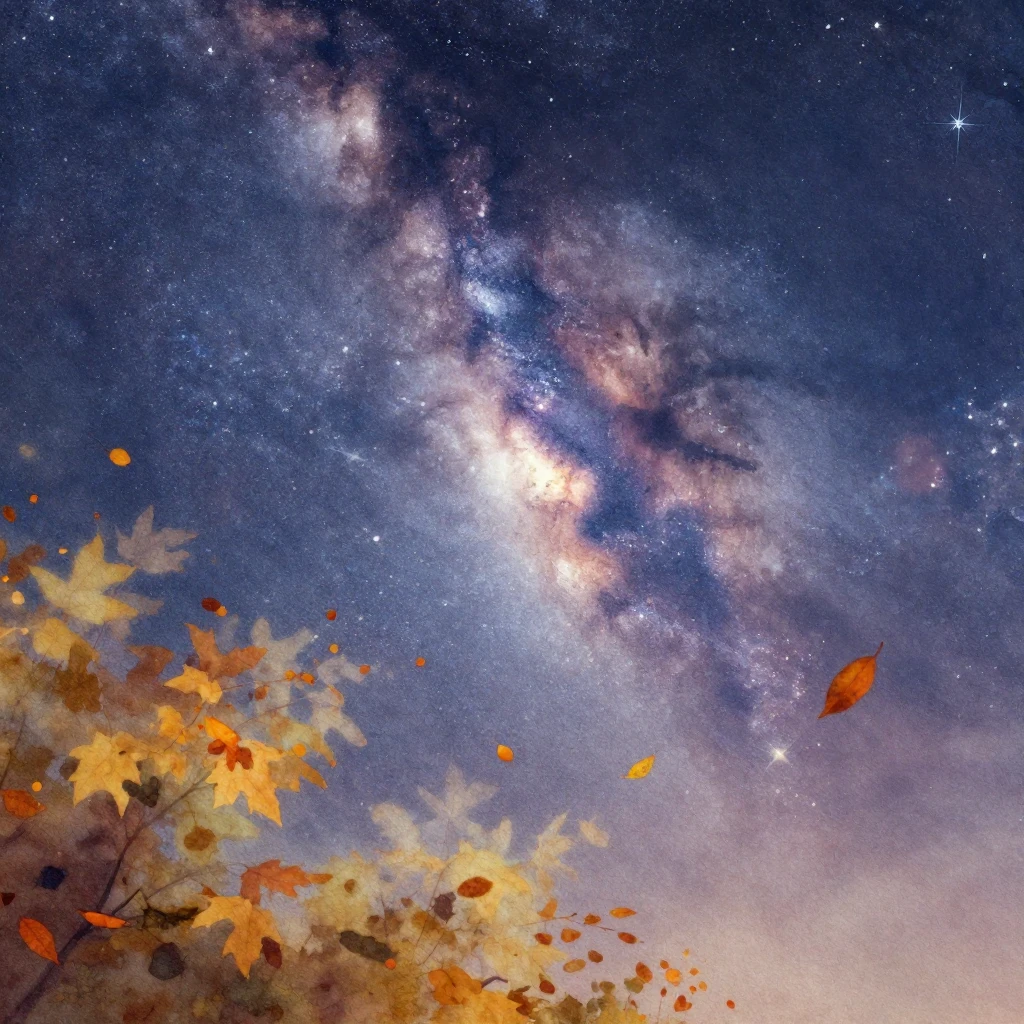 A surreal, dreamlike watercolor painting of an autumn night ...