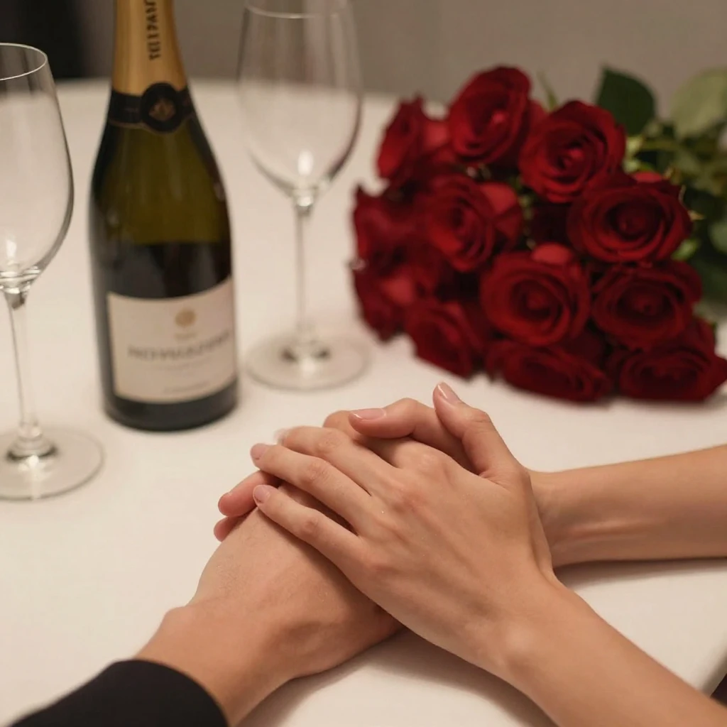 A close-up of a couple's hands intertwined, with a champagne...