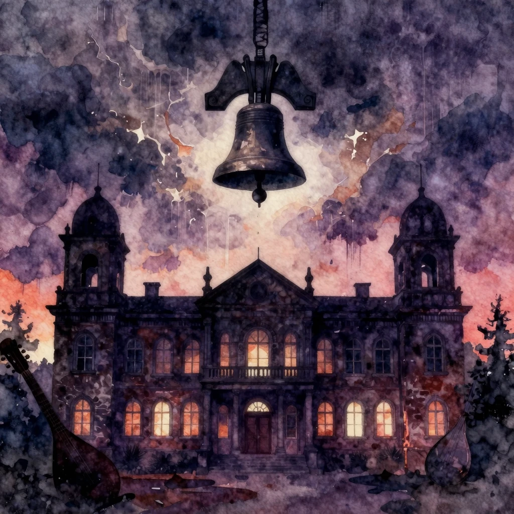 Vibrant watercolor style. Dark, atmospheric, heavy metal alb...