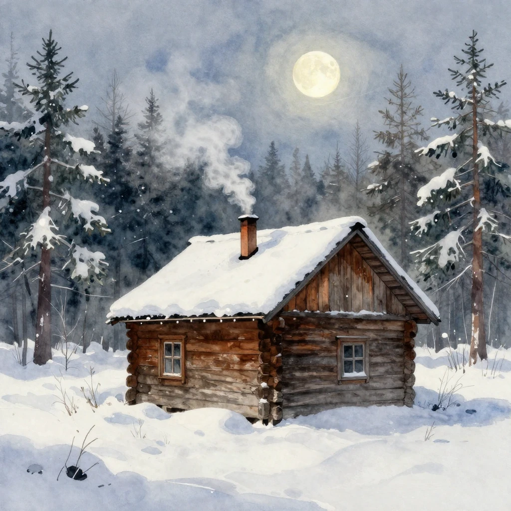 A weathered wooden cabin, smoke gently rising from its chimn...
