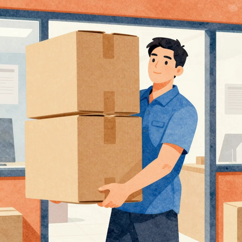 Watercolor style. A strong man carrying a large cardboard bo...