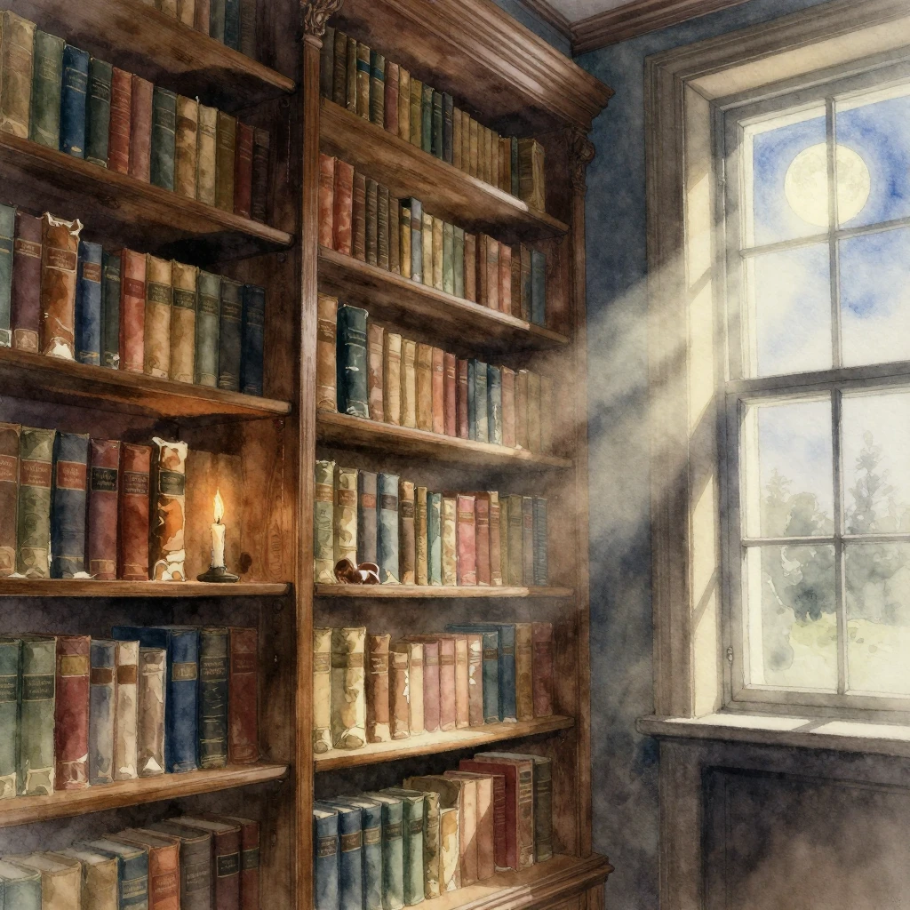 An old library with tall wooden shelves, dusty books, a sing...