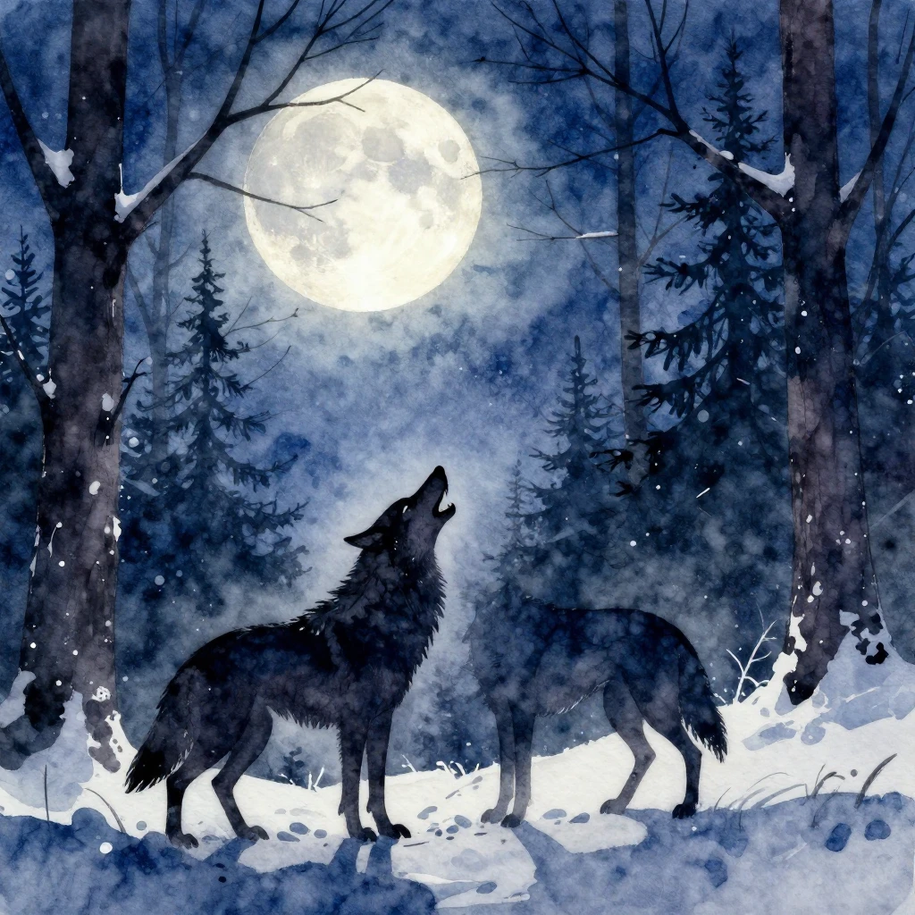Vibrant watercolor style. A dark, snowy forest under a full ...