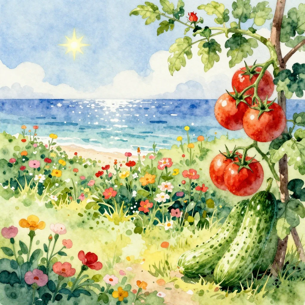 A vibrant watercolor scene combining a lush blooming garden ...