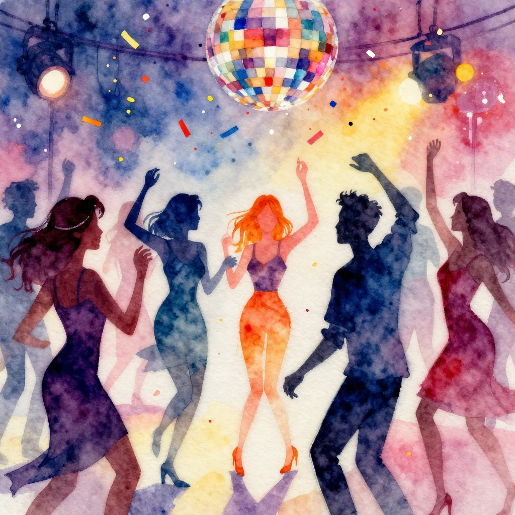 Vibrant watercolor painting of a disco party with graduating...