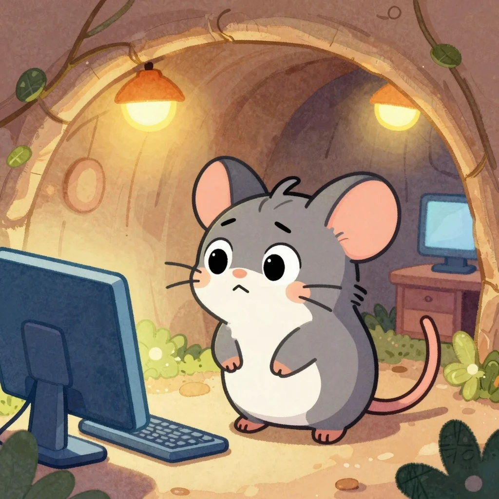 A cute, cartoon-style computer mouse, slightly anxious, with...