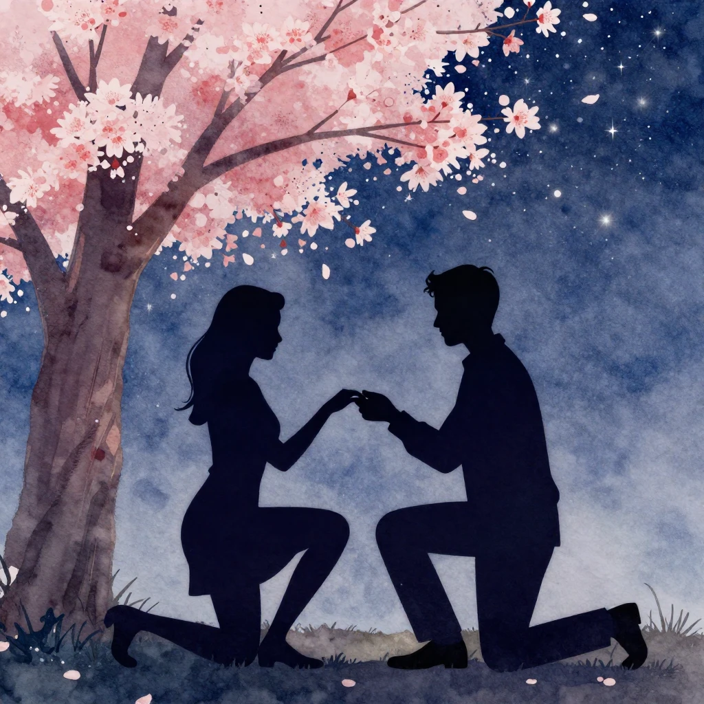 A silhouette of a man kneeling before a woman, presenting a ...