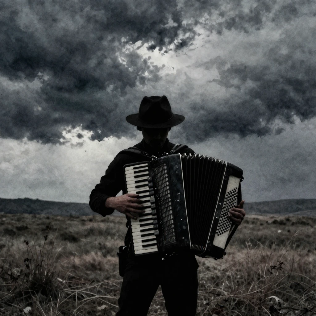 A lone musician playing an accordion, silhouetted against a ...