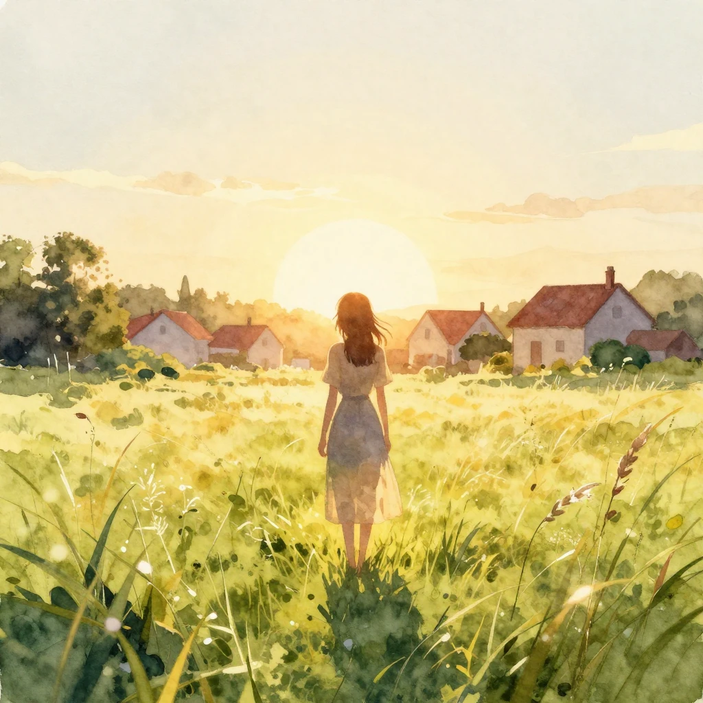 Watercolor style. A silhouette of a woman standing in a sunl...