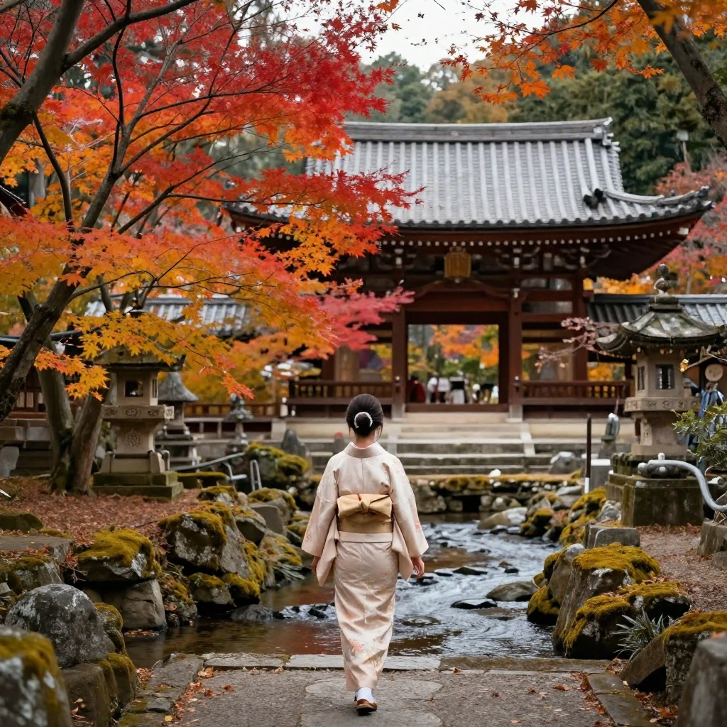 A traditional Japanese temple surrounded by autumn foliage, ...