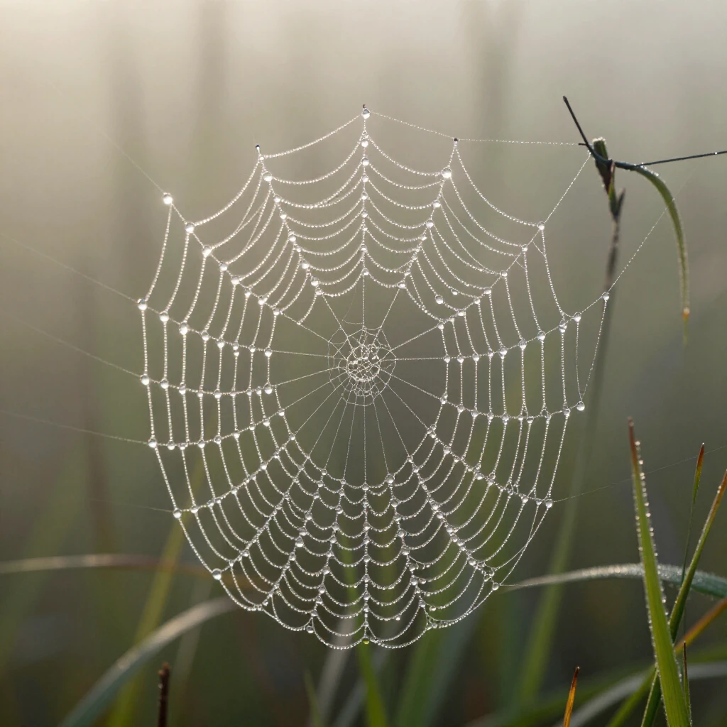 An intricate spiderweb, covered in sparkling dewdrops, stret...