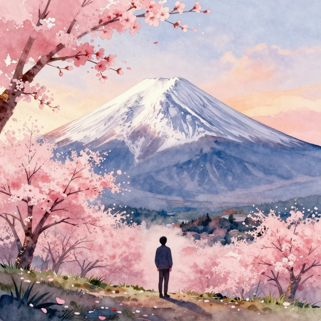 Watercolor painting of Mount Fuji at sunrise, with cherry bl...