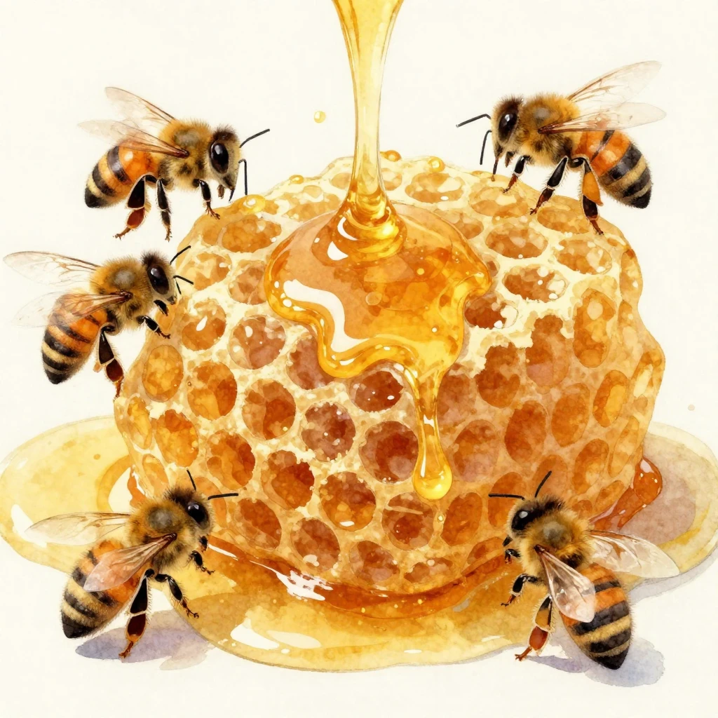 A close-up watercolor painting focusing on a honeycomb with ...
