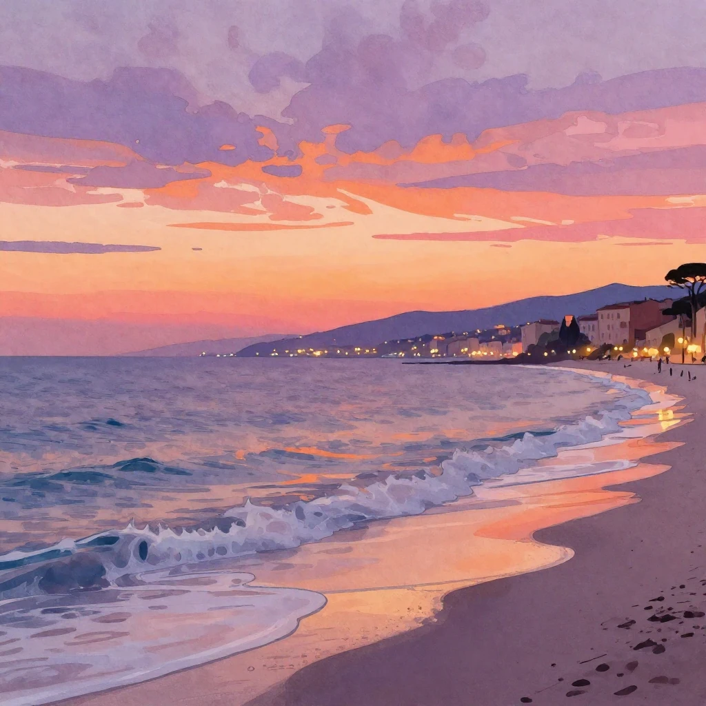 A serene illustration of the French Riviera at sunset. The s...