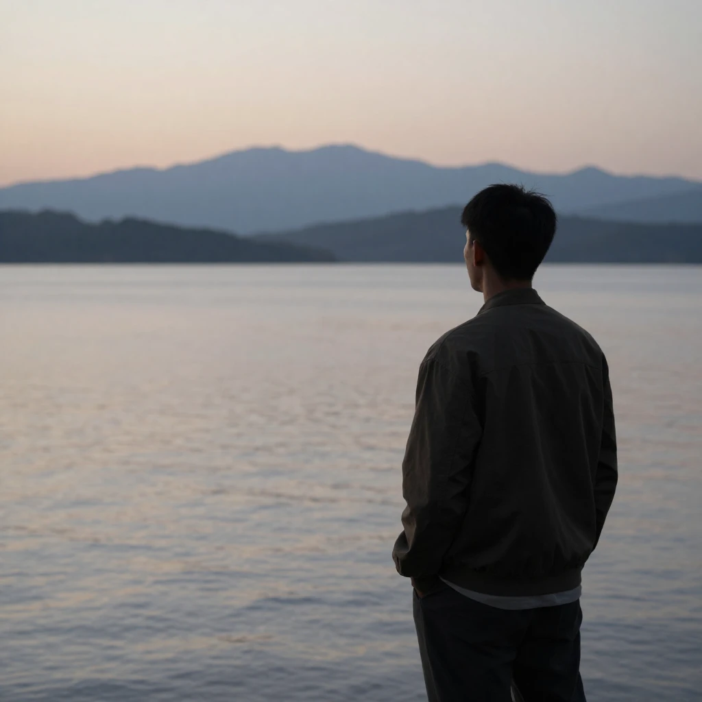 A solitary figure looking out over a serene landscape, perha...