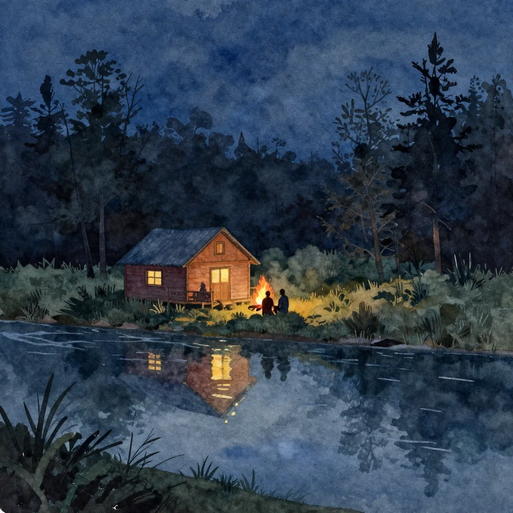 A vibrant watercolor painting depicting a serene riverside c...