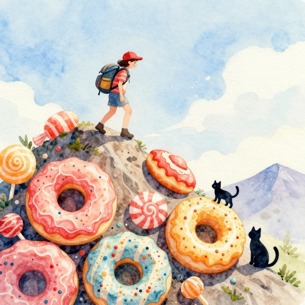 Watercolor painting of a girl with a hiking backpack climbin...