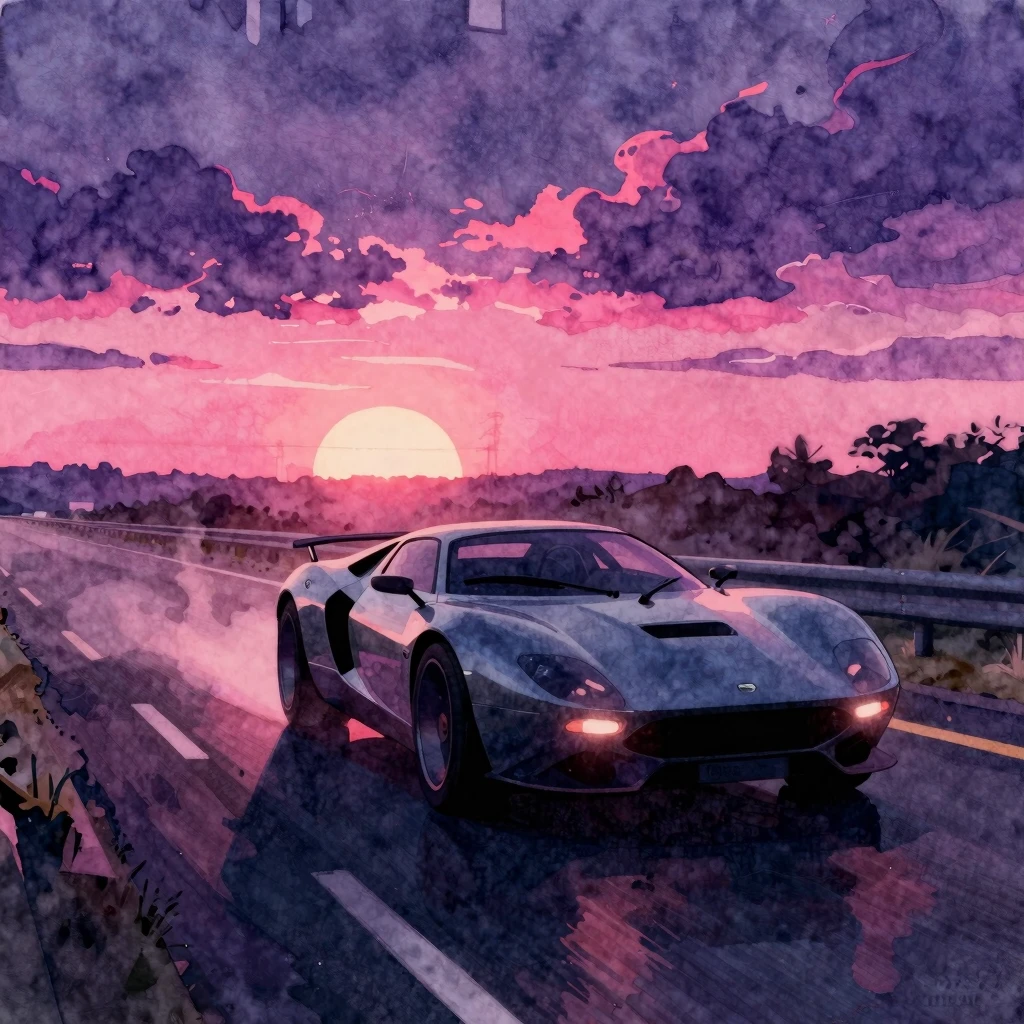 Watercolor style. A retro-futuristic sports car driving on a...