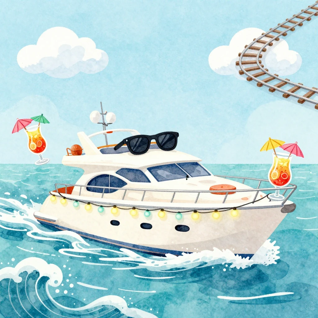 Watercolor style cartoon illustration of a luxury yacht cutt...