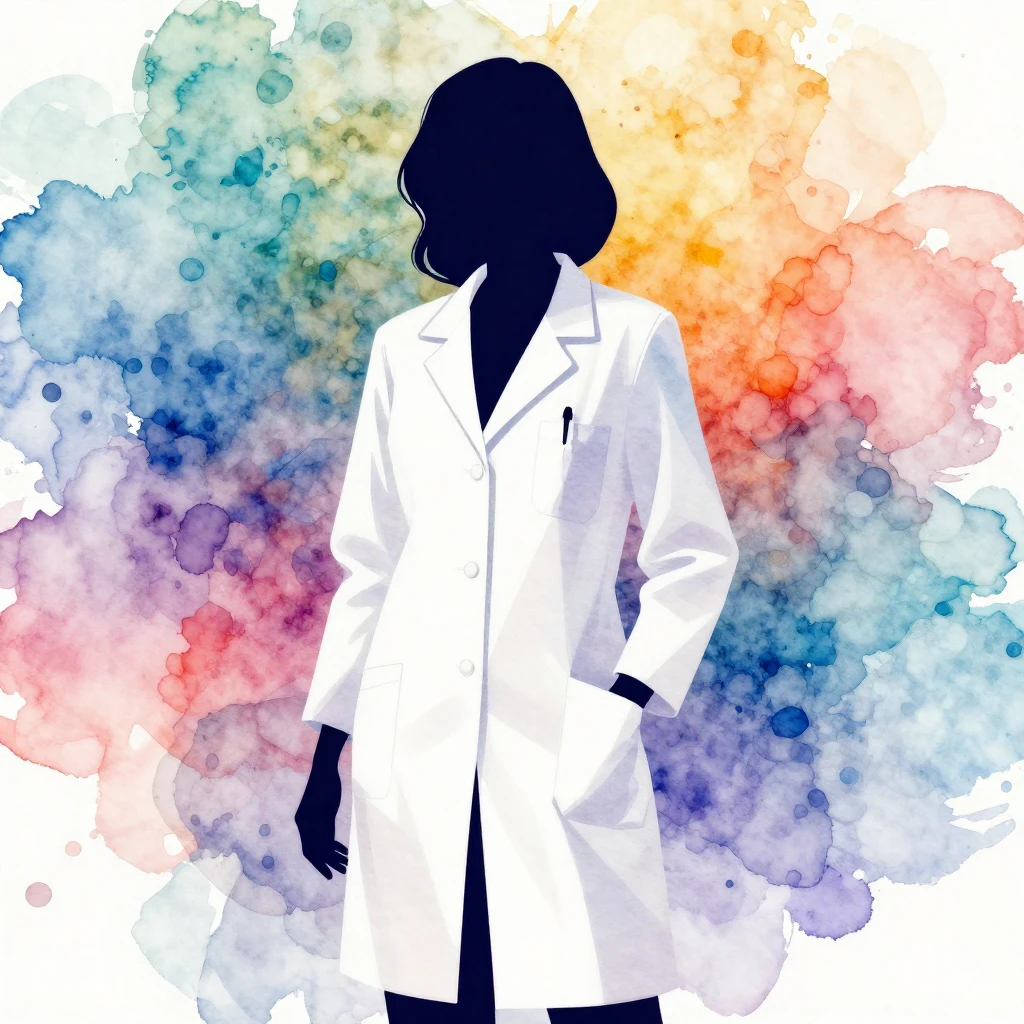 A vibrant watercolor-style stylized silhouette of a woman we...
