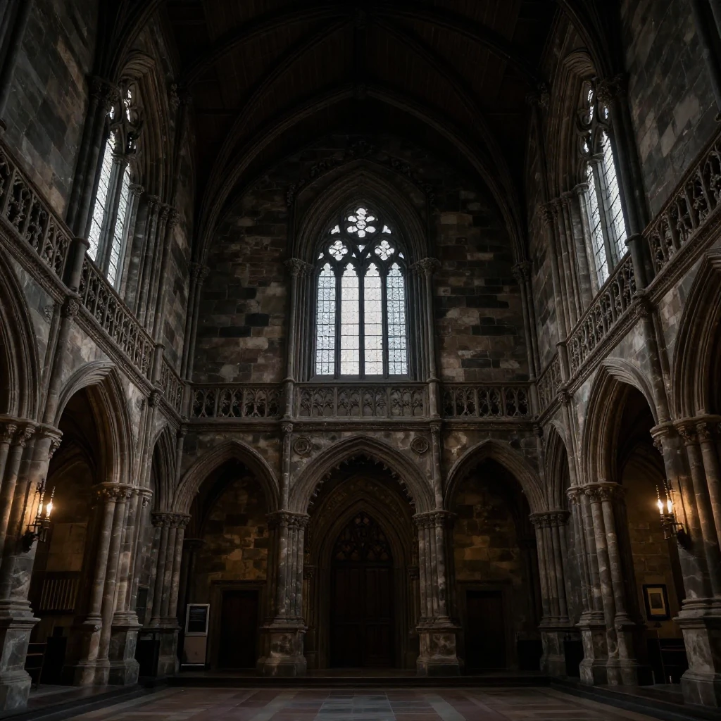A detailed interior of an old, gothic mansion. The scene is ...