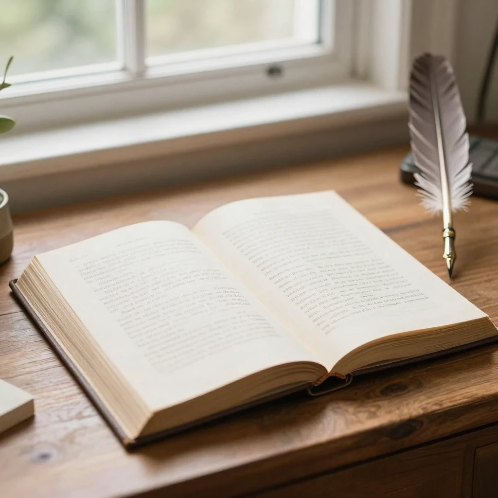 A watercolor painting of an open old book and a quill pen re...