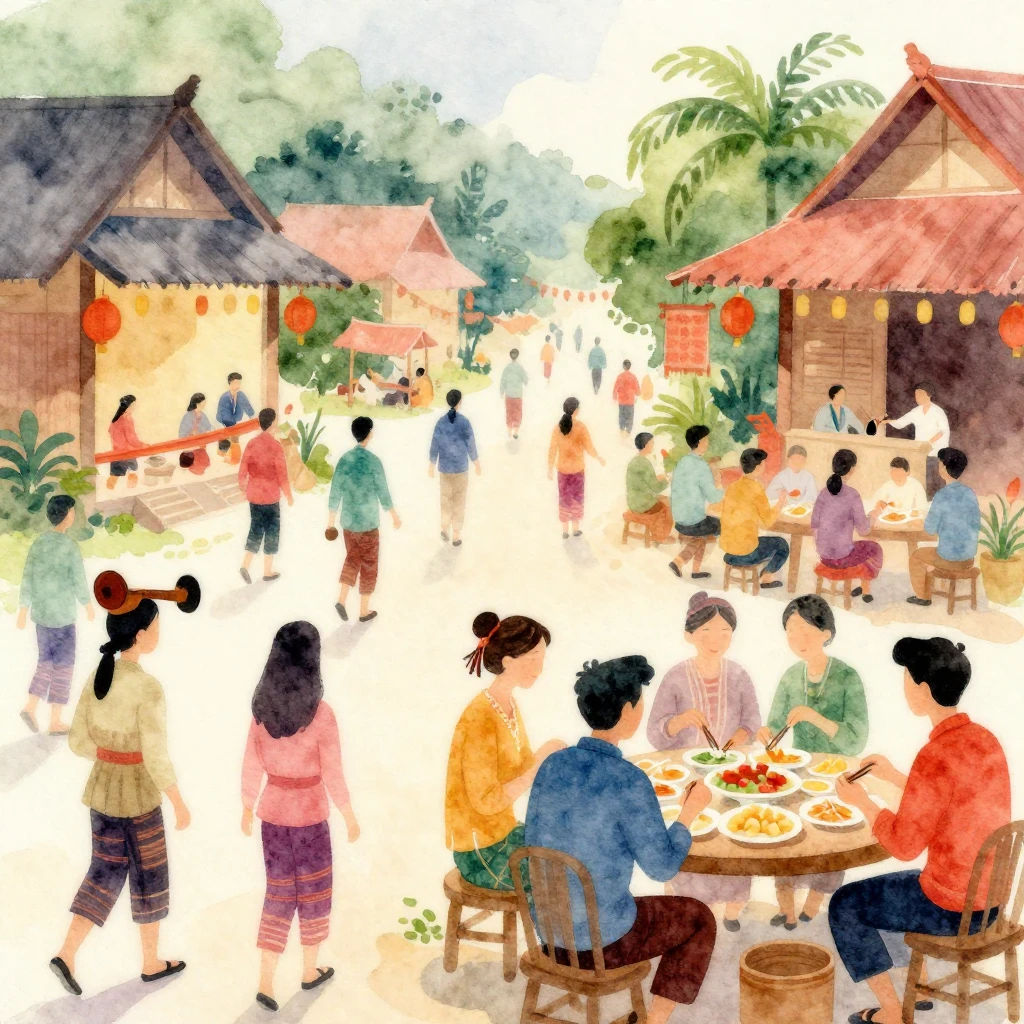 Vibrant watercolor illustration depicting a festive Lao vill...