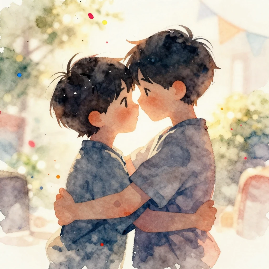 Watercolor painting focusing on the silhouettes of two broth...