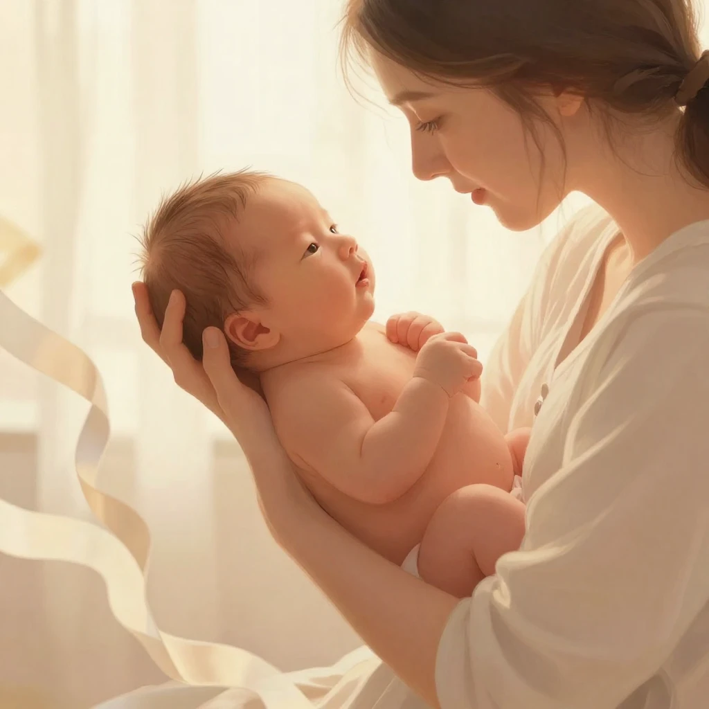 A tender illustration of a parent holding a newborn baby, su...